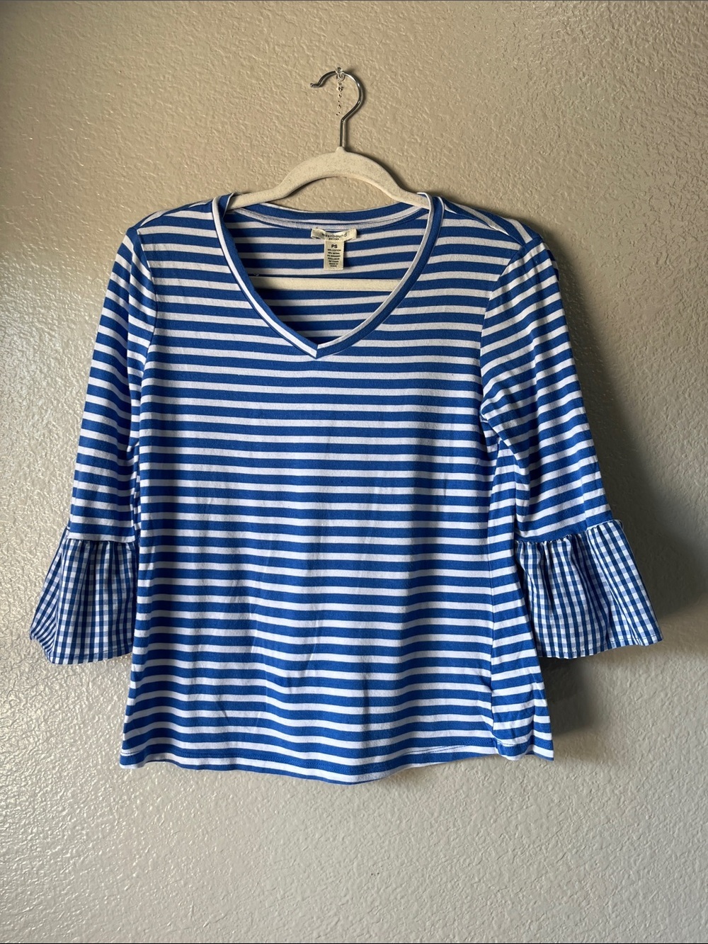Westbound Blue & White Striped V-Neck Bell Sleeve Top Sz PS Ruffle Vacay Boho